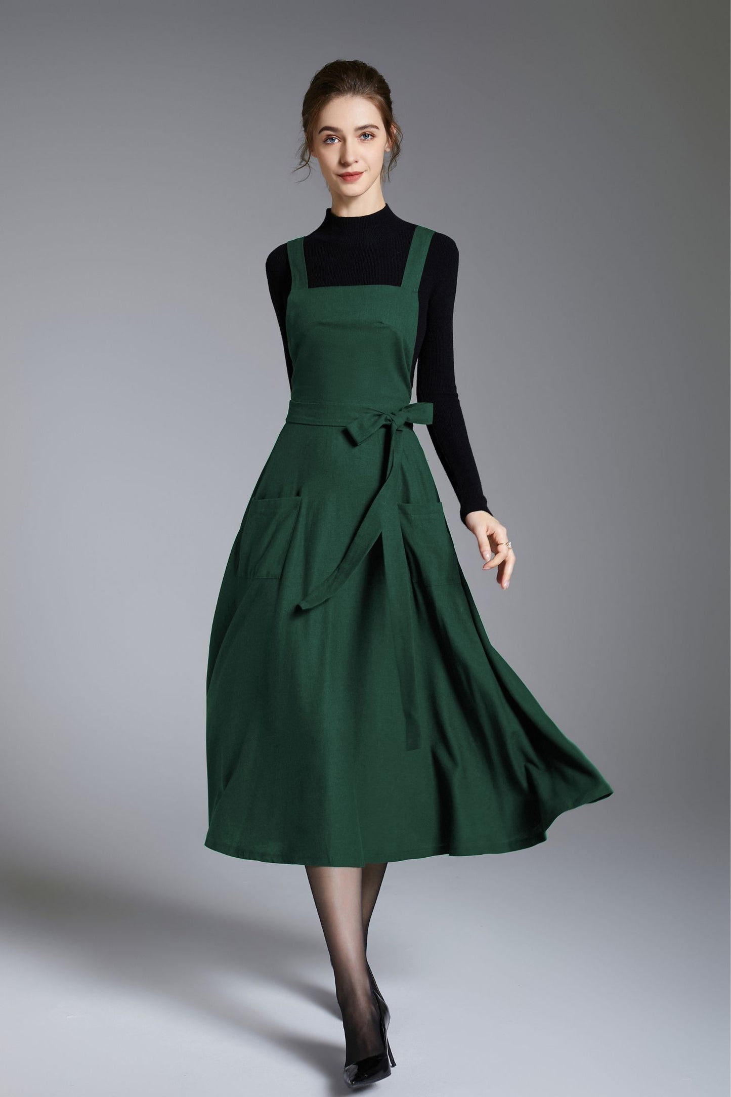 Green Linen Pinafore Dress – Handmade Midi Apron Dress 6673