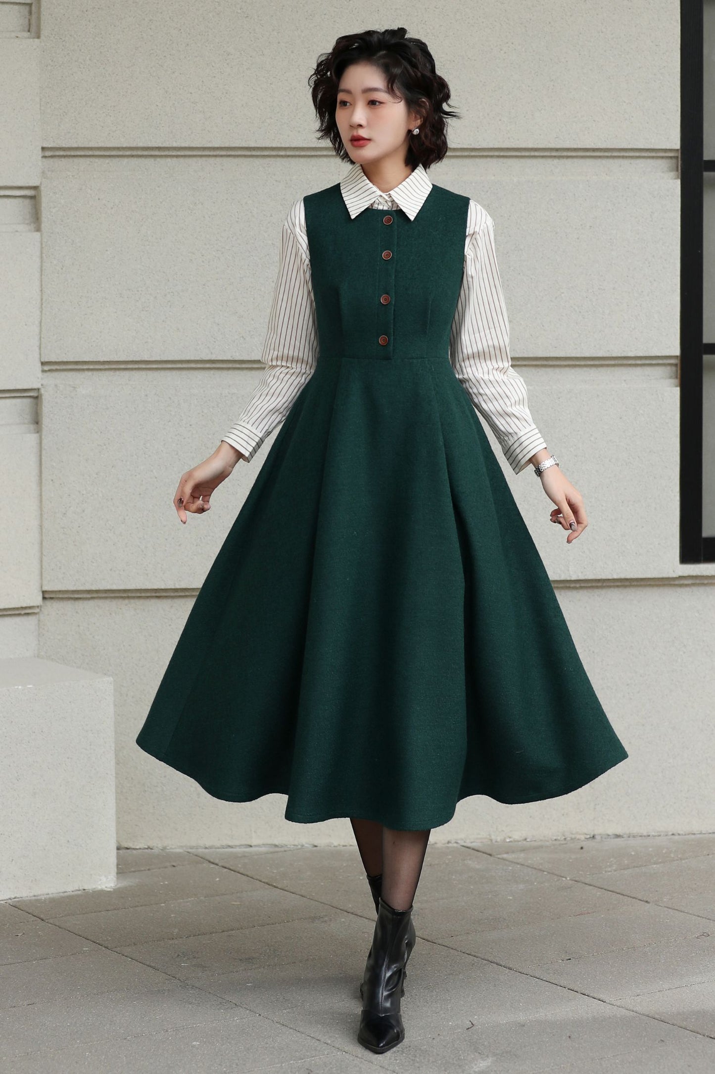 Handmade Vintage Wool Dress – Green Sleeveless A-Line Midi Winter Dress 6615
