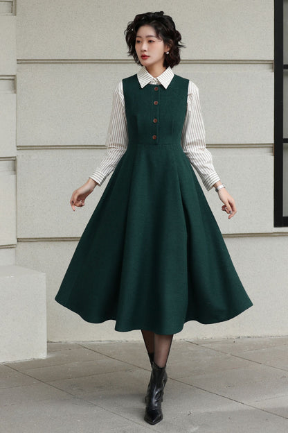 Handmade Vintage Wool Dress – Green Sleeveless A-Line Midi Winter Dress 6615