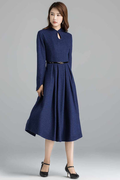 Blue Wool Midi Dress - Mandarin Collar, Pleated A-Line Silhouette 2401