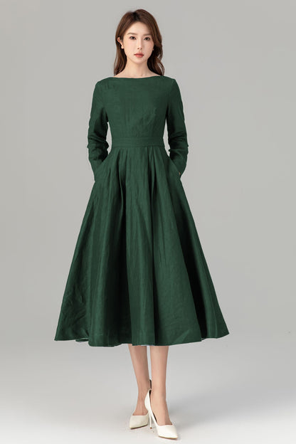 Emerald Green Linen Midi Dress - Fit Flare Pockets | Xiaolizi 5763