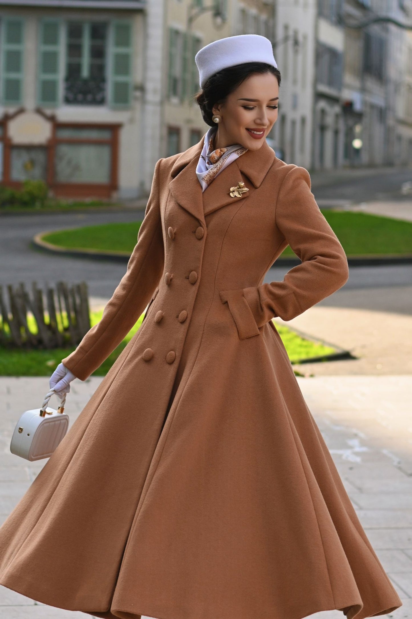 Camel Wool Maxi Coat – Vintage Double Breasted A-Line Winter Overcoat 6682