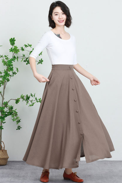 Beige Linen Cotton Maxi Skirt - High Waist Button Front 5731