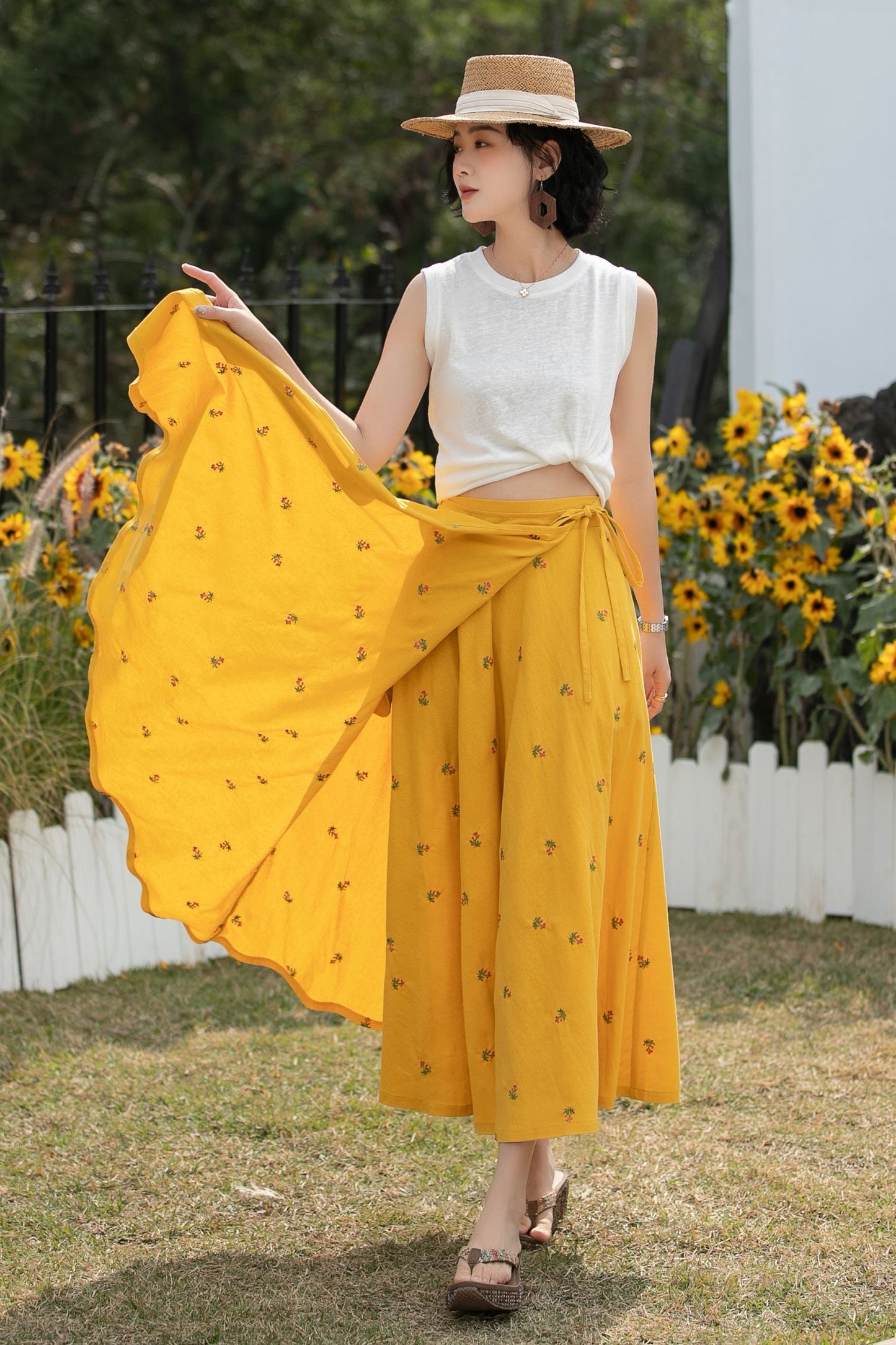 Xiaolizi Linen Wrap Midi Skirt – Mustard Yellow Floral A-Line Summer Skirt 6688