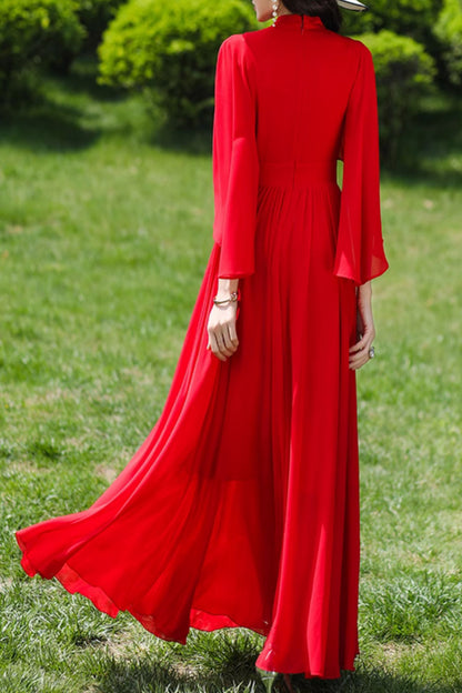 Fit and flare red maxi prom chiffon dress 4987