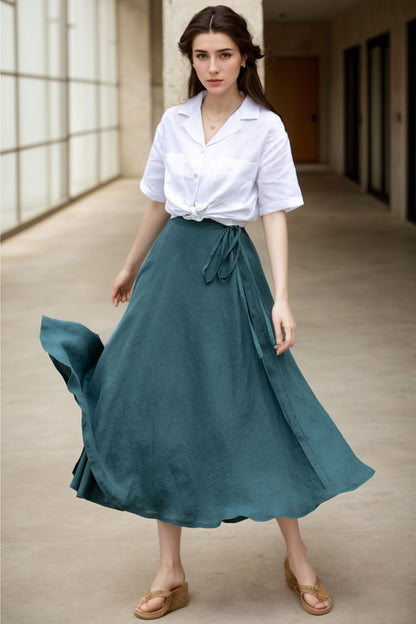 Green Linen Wrap Midi Skirt - Flowing Swing Silhouette 5137