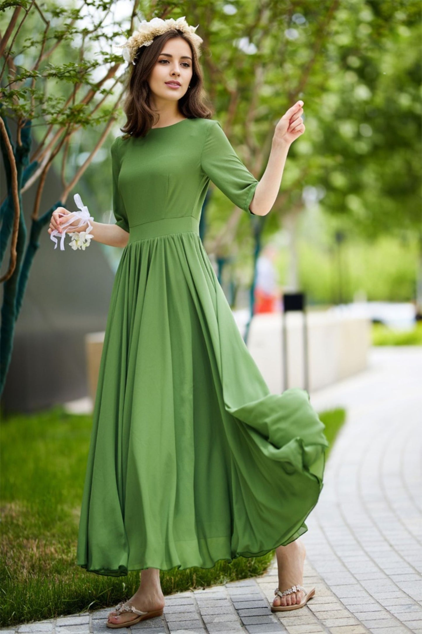 Maxi green swing chiffon dress women 5821 – Xiaolizi