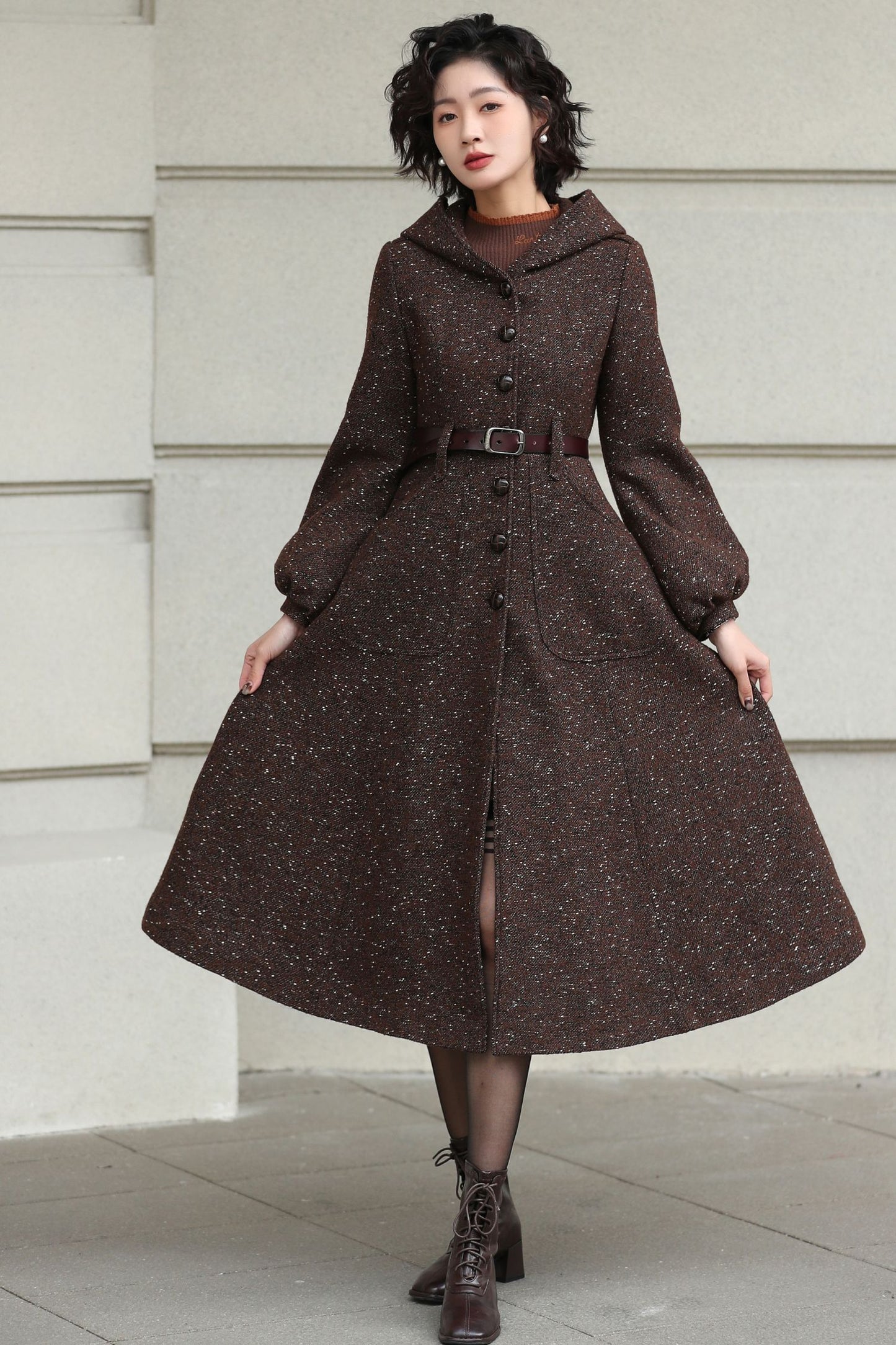 Xiaolizi Handmade Vintage Wool Coat – Brown Hooded Belted Swing Winter Coat 6610