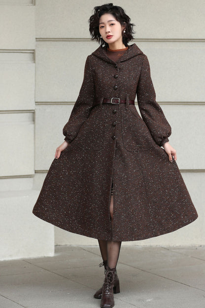 Xiaolizi Handmade Vintage Wool Coat – Brown Hooded Belted Swing Winter Coat 6610
