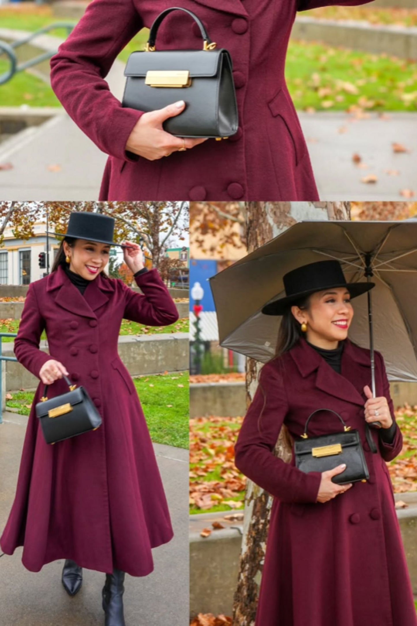 Burgundy Wool Swing Coat – Vintage 1950s Double Breasted Long Overcoat 6678