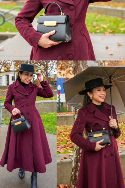Burgundy Wool Swing Coat – Vintage 1950s Double Breasted Long Overcoat 6678