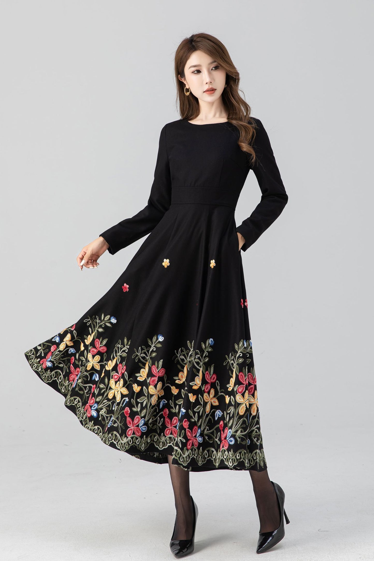 Black fit and flare embroidered dress 4663