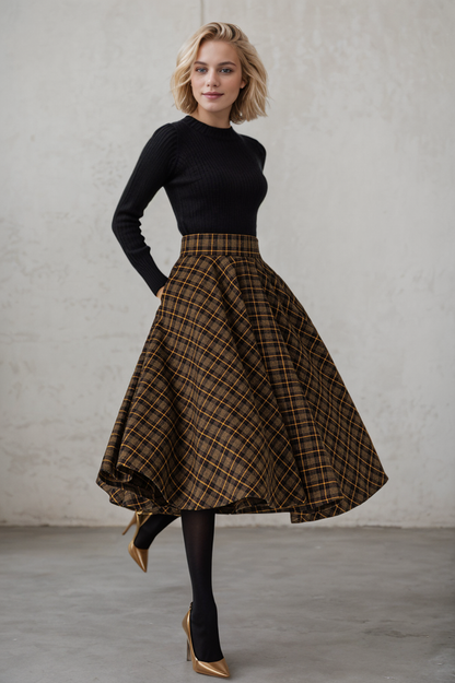 Midi Wool Plaid Swing Winter Skirt 5329