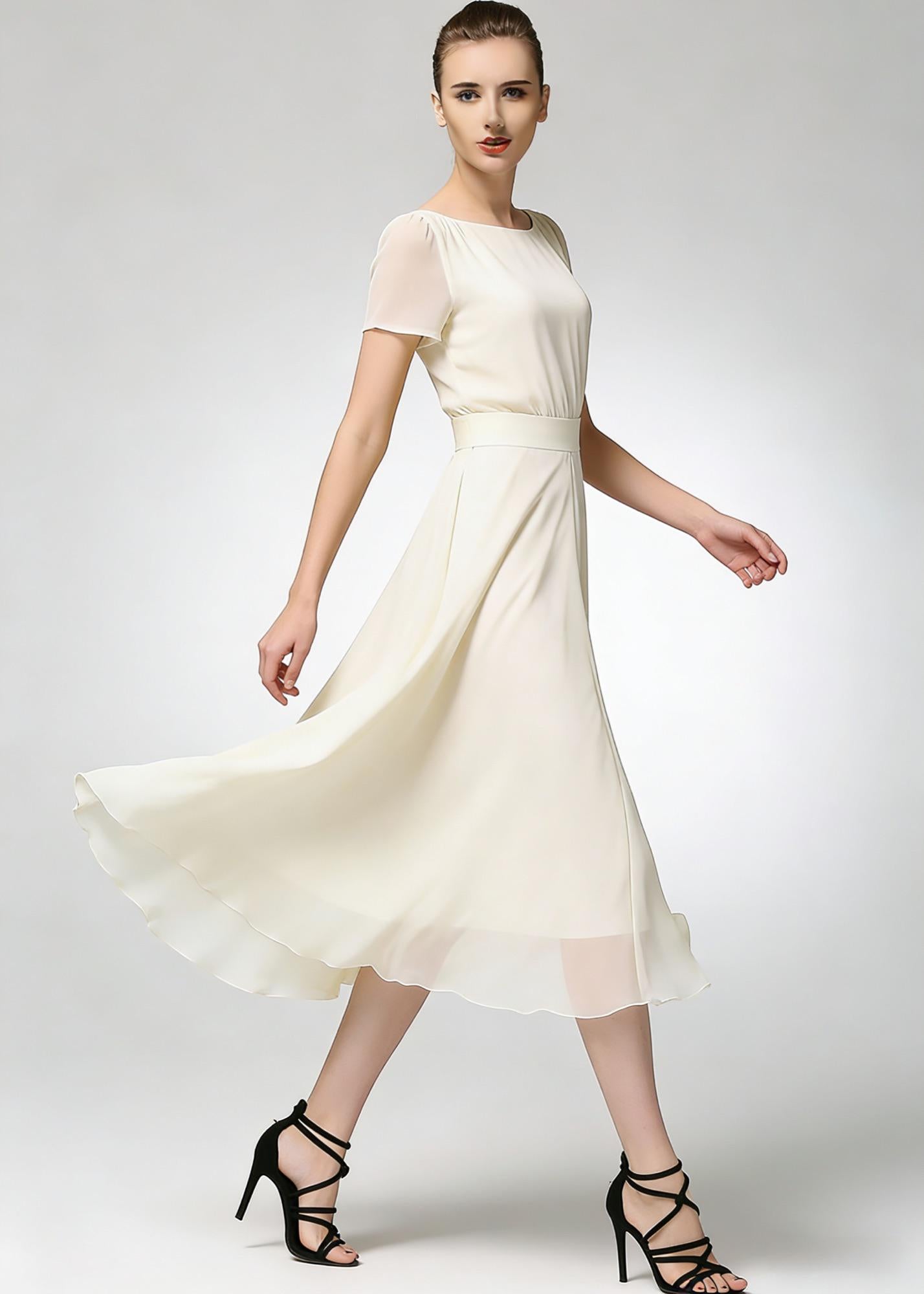 Beige Chiffon Midi Dress with Short Sleeves and Flowing Skirt | Xiaolizi 6782