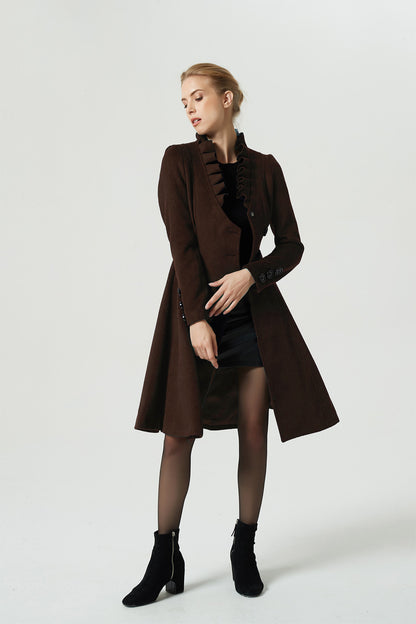 Brown Wool Coat - Asymmetrical Ruffle Collar Knee-Length 6311