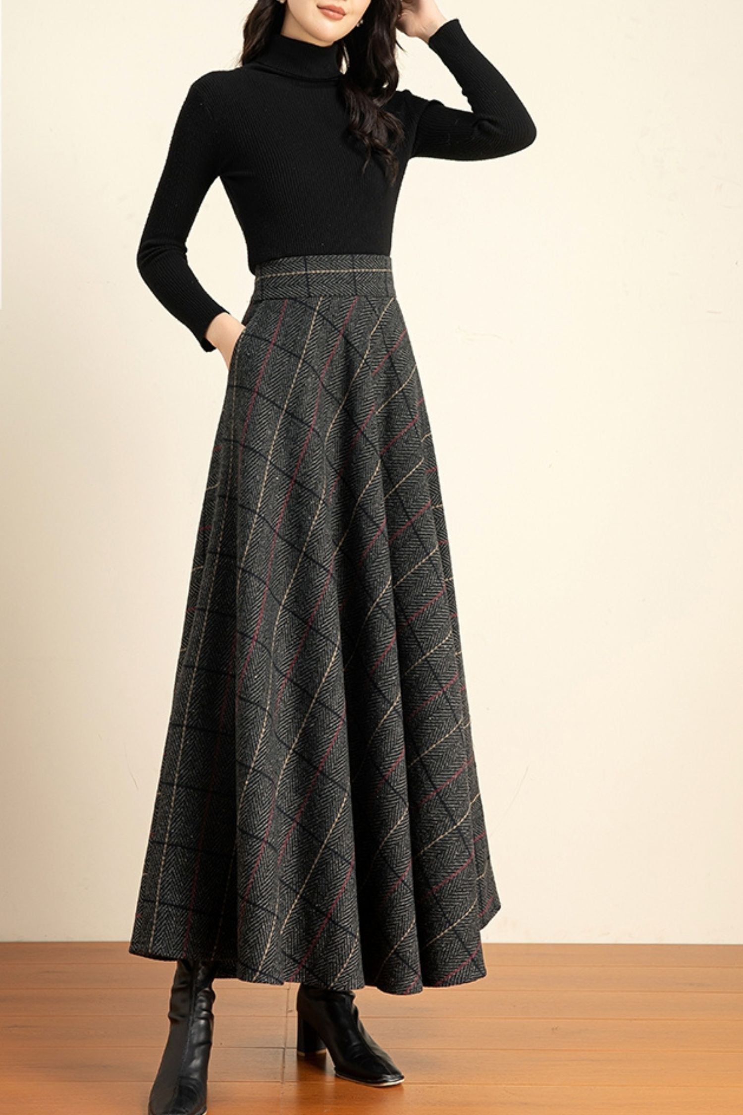 Long Plaid Wool Skirt – High Waist Winter A-Line Maxi Skirt with