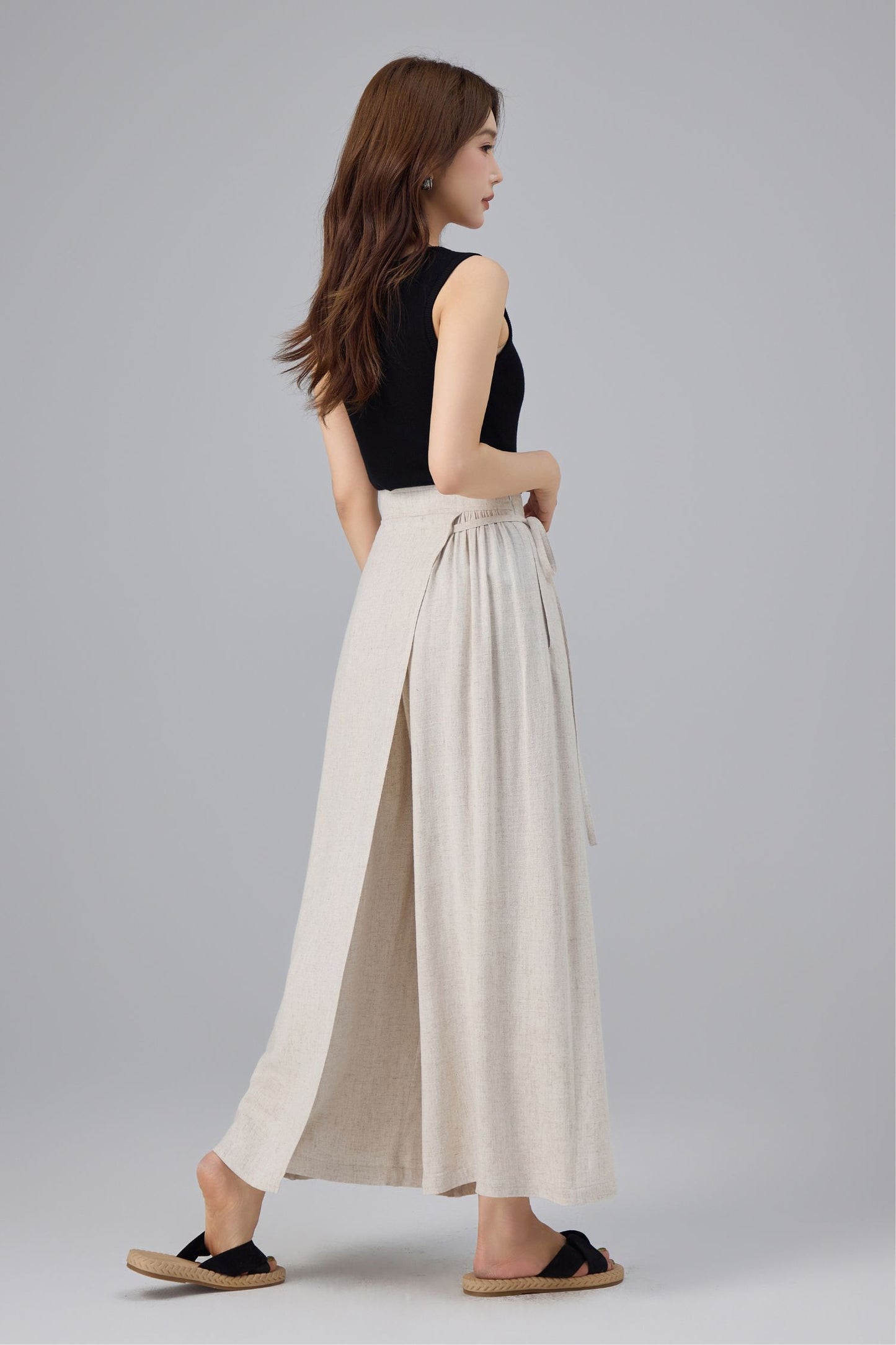 Beige Linen Cotton Wrap Pant - Wide Leg, Tie Belt Design | Xiaolizi 6763