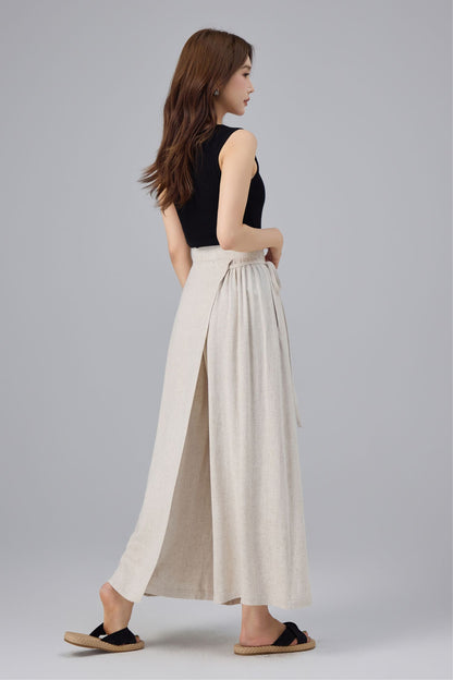 Beige Linen Cotton Wrap Pant - Wide Leg, Tie Belt Design | Xiaolizi 6763