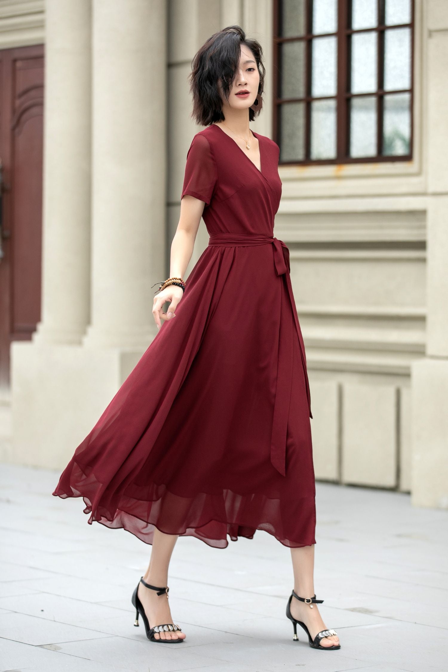 Burgundy Chiffon Midi Dress - Fit and Flare, V-Neck Wrap Style 5222