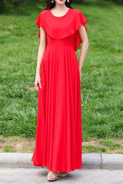 Fit and flare red prom chiffon dress with cape 5029