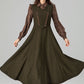 Army Green Wool Pinafore Dress – Vintage Sleeveless Long Winter Dress with Pockets 6394
