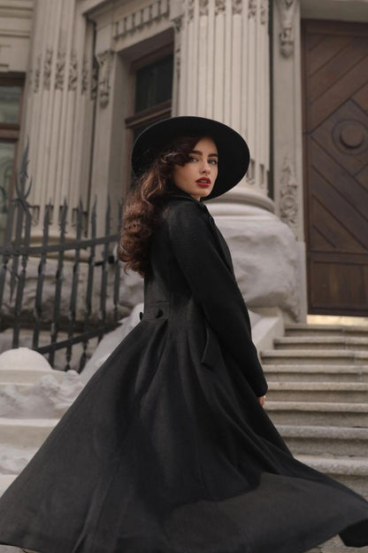 Black Wool Maxi Coat – Vintage Double Breasted Long Winter Overcoat  2743