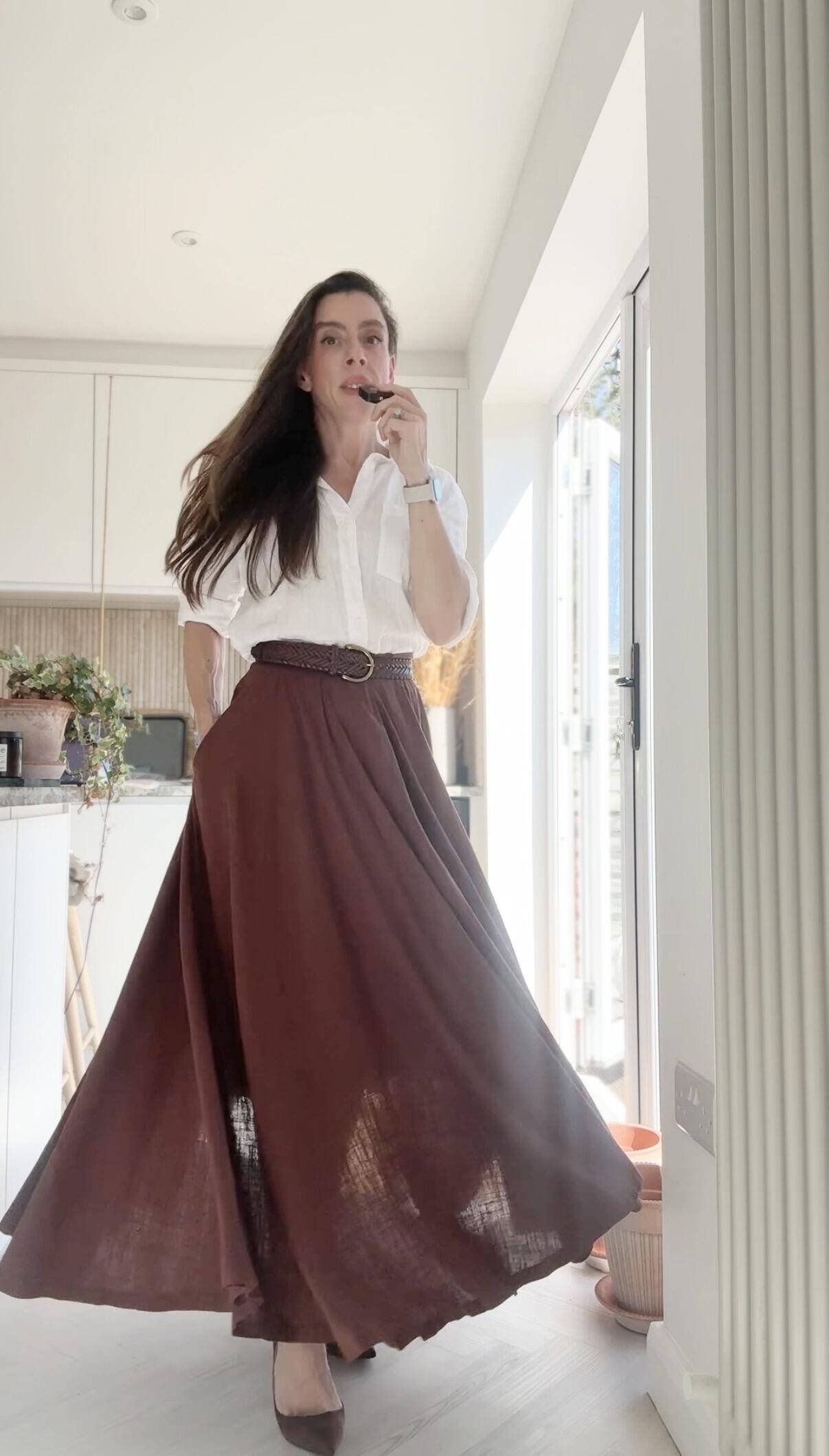 Brown Linen Maxi Circle Skirt - Pleated A-Line | Xiaolizi 6946