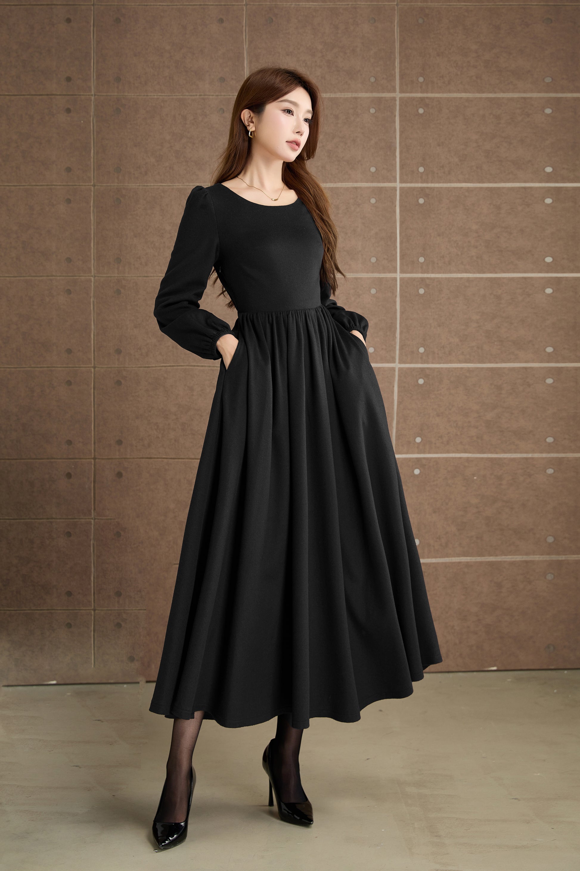 Burgundy Wool Maxi Dress – Elegant Long Sleeve Vintage Winter Dress 5359 Black / M