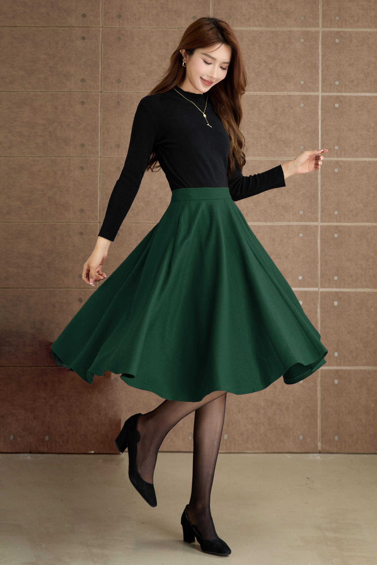 Burgundy knee length swing wool skirt 5362 – Xiaolizi