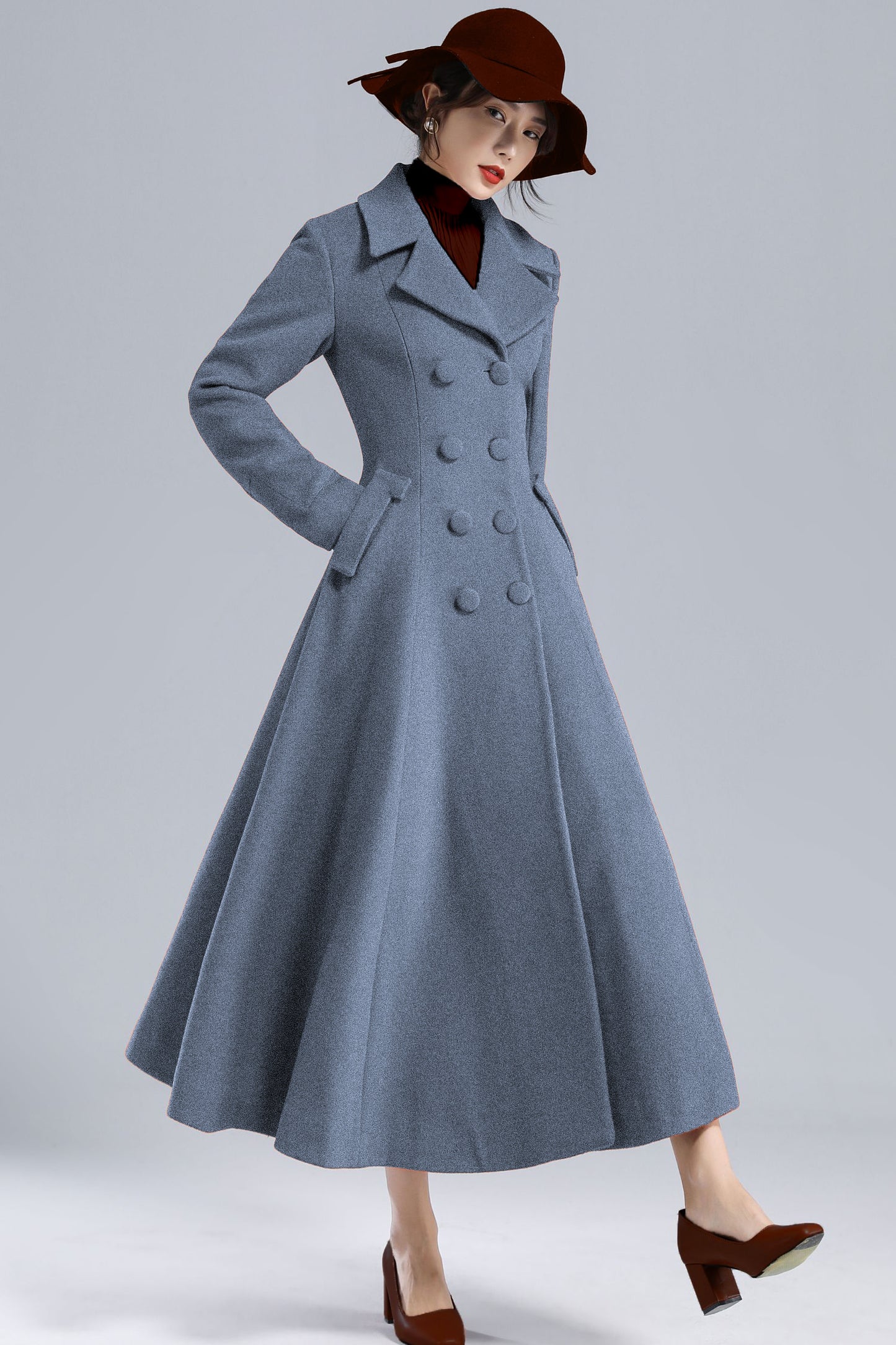 Blue Wool Long Coat - Fit and Flare Double Breasted 5496
