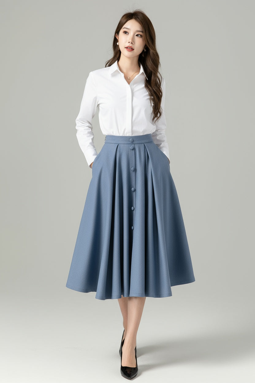 Blue Wool A-Line Midi Swing Skirt – High Waist Winter Skirt with Buttons 6566