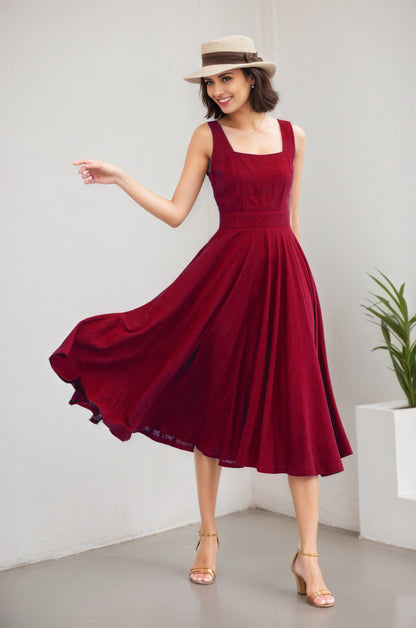 Wine Linen Cotton Midi Dress - Square Neck A-Line | Xiaolizi 6072