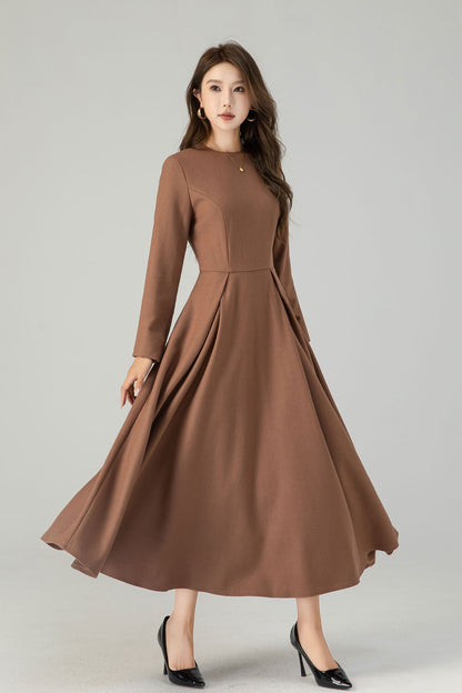 Dark Green Wool Midi Dress - Swing Silhouette with Detachable Cape 4560