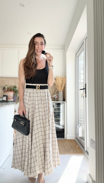 Plaid Linen Maxi Circle Skirt - Pleated A-Line | Xiaolizi 6899