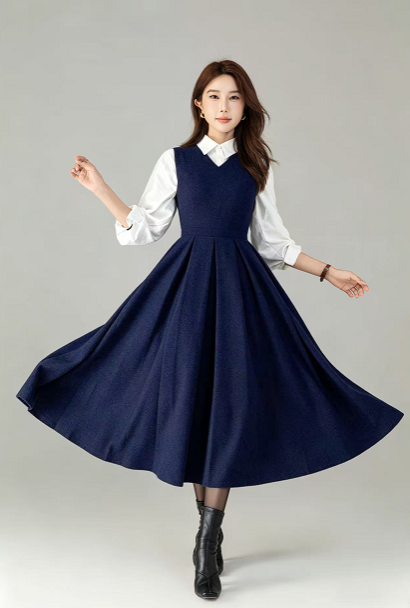 Blue Wool Blend Fit and Flare Dress - V-Neck Sleeveless 6917