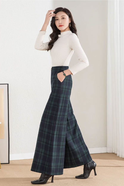 Black and Green Wool Wide Leg Pants - Plaid, Loose Fit 4658-1