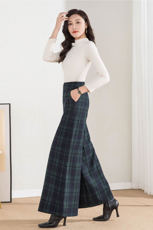 Wide leg winter plaid wool pants women 4658-1