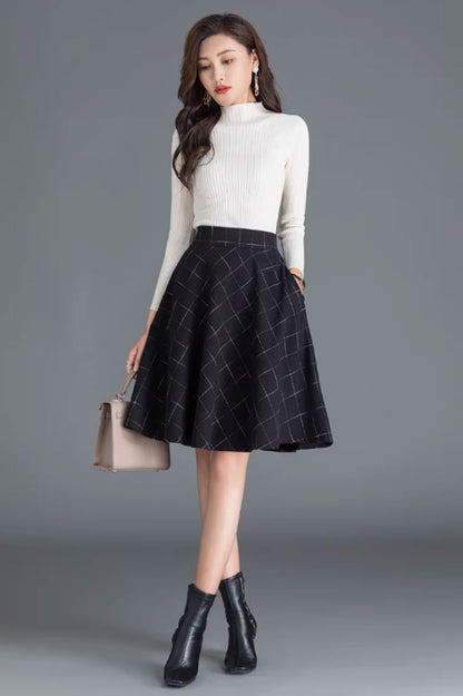 Black Wool Skater Skirt - Elegant A-Line Winter Essential 4655-4