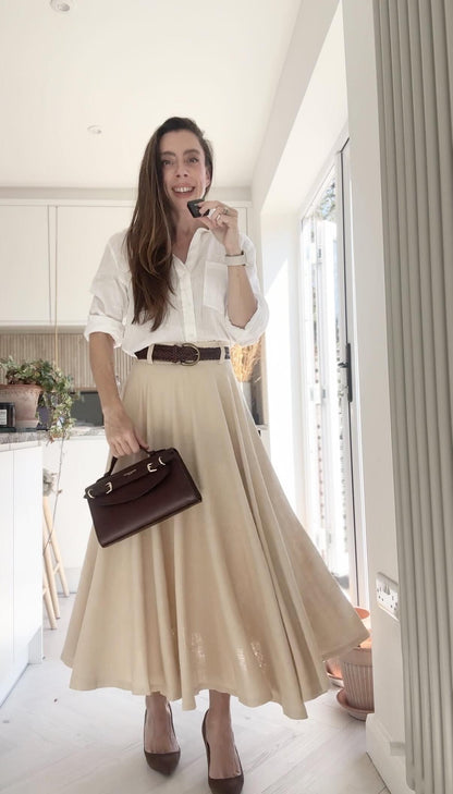High Waist A-Line Skirt – Linen Cotton Circle Skirt with Pockets 6945