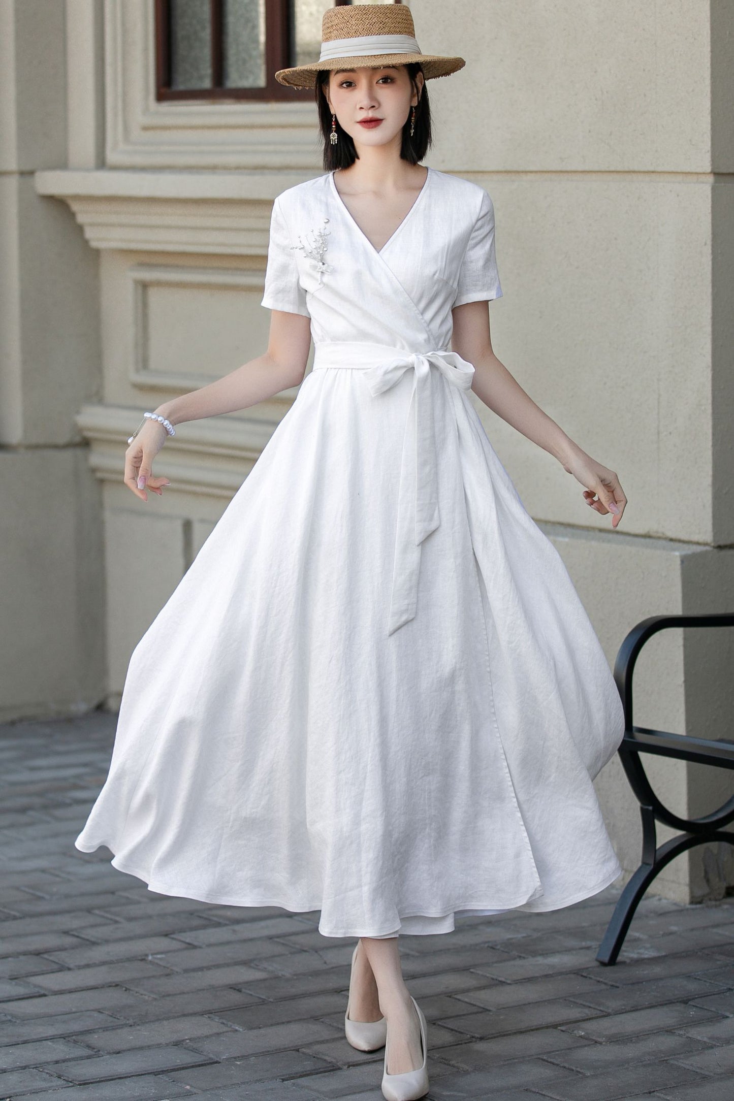 White wedding wrap linen dress women 5620