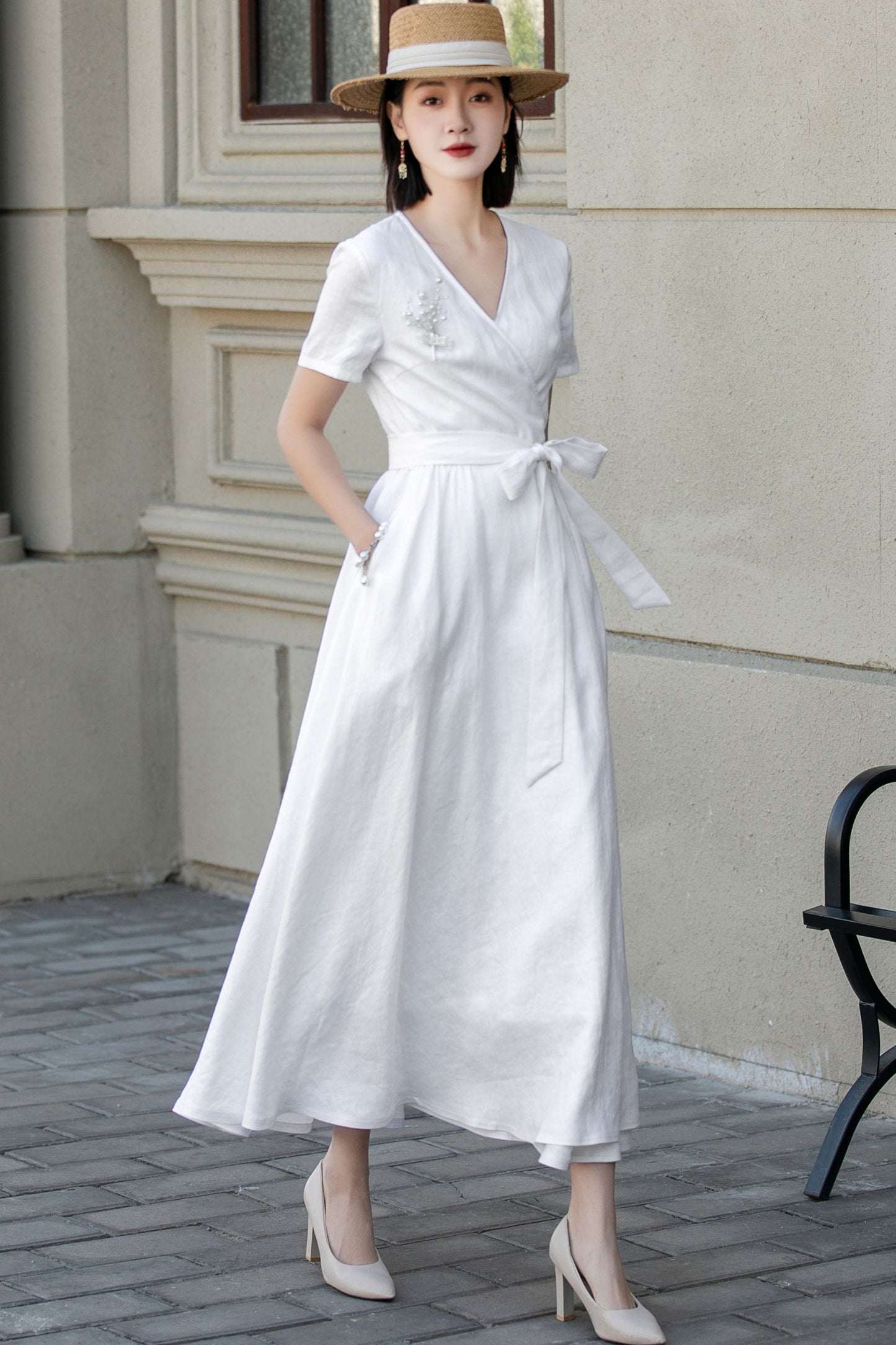 White wedding wrap linen dress women 5620