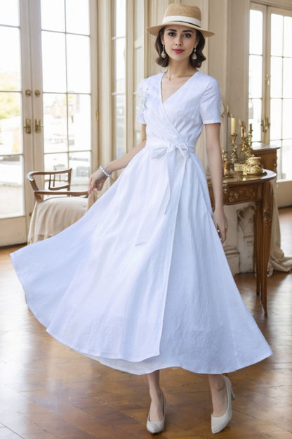 White wedding wrap linen dress women 5620