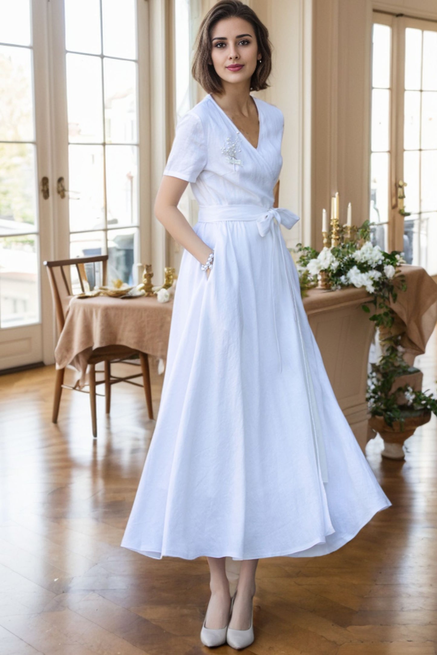 White wedding wrap linen dress women 5620