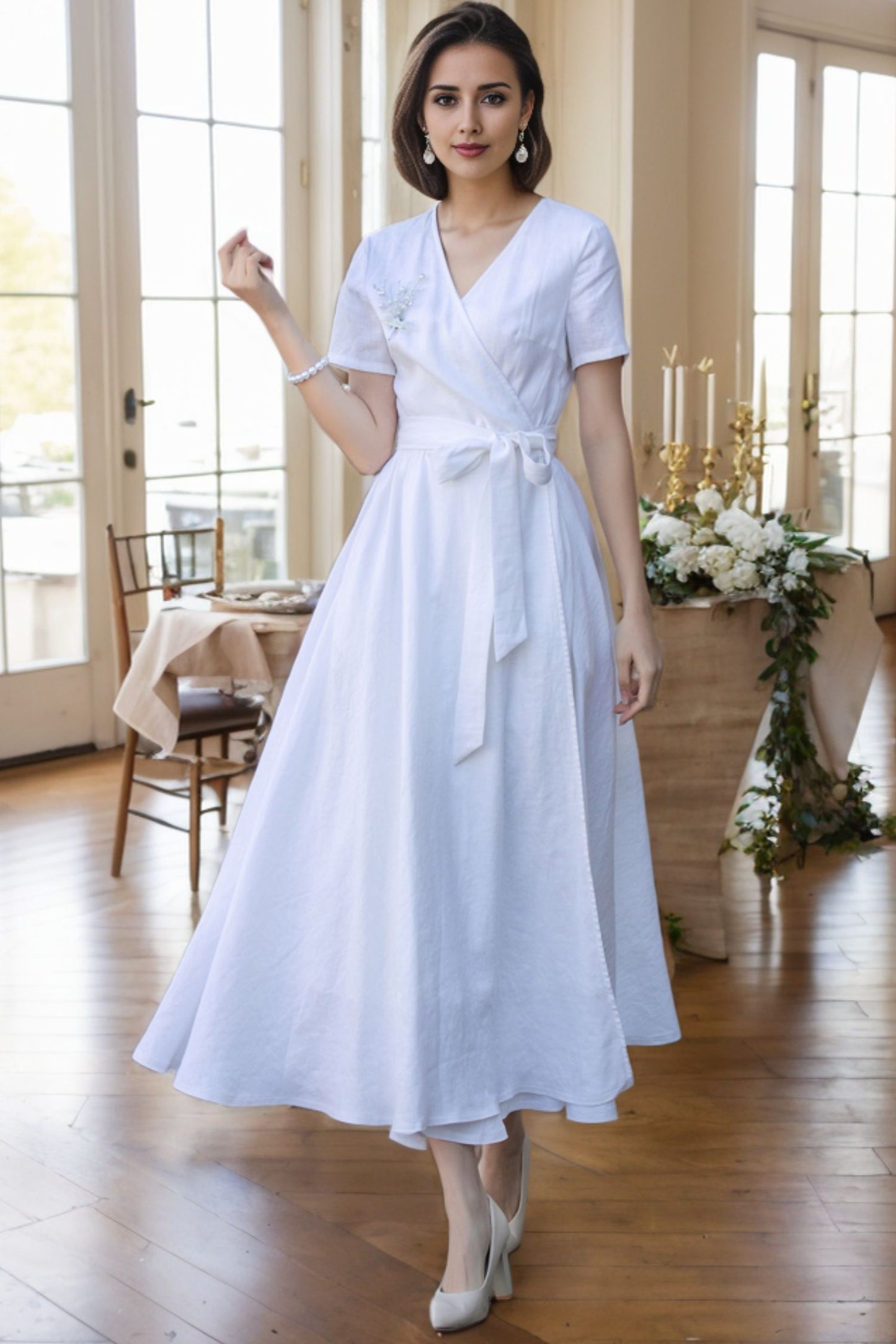 White wedding wrap linen dress women 5620