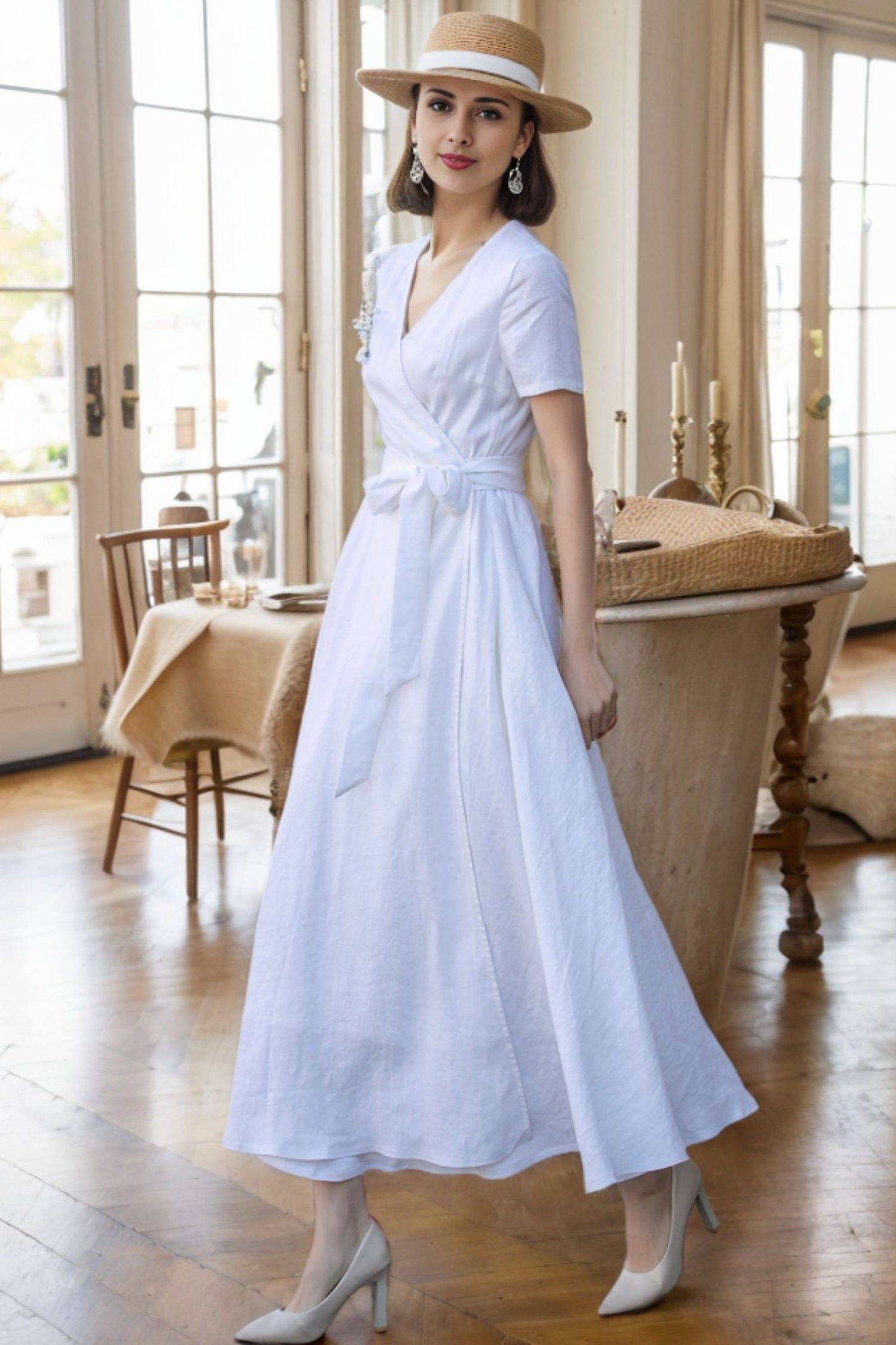 White wedding wrap linen dress women 5620