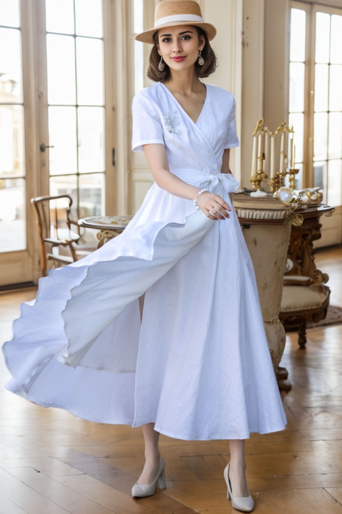 White wedding wrap linen dress women 5620