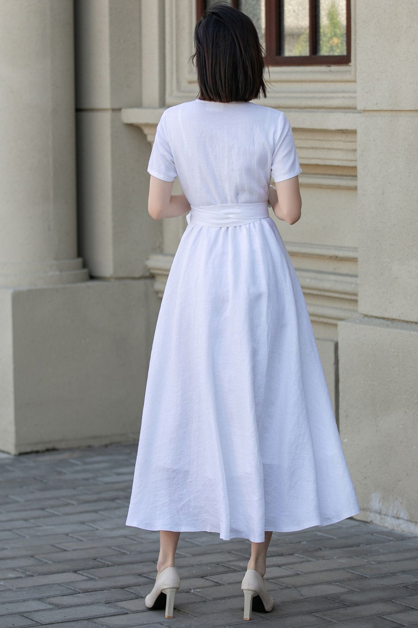 White wedding wrap linen dress women 5620