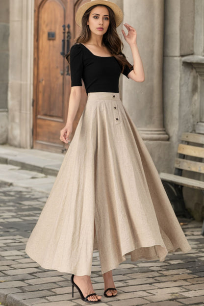 Beige Linen Maxi Skirt - Asymmetrical Elegant Flow 5626