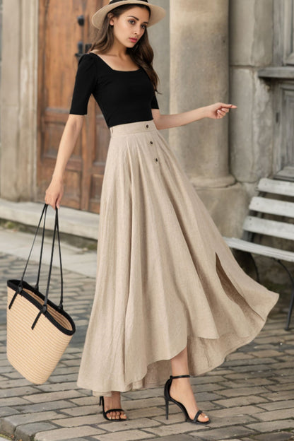 Beige Linen Maxi Skirt - Asymmetrical Elegant Flow 5626