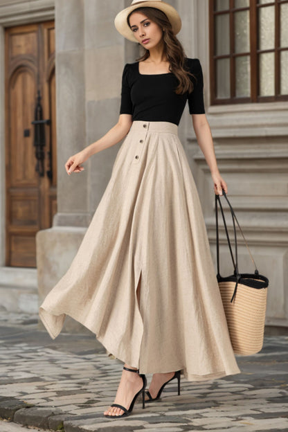 Beige Linen Maxi Skirt - Asymmetrical Elegant Flow 5626